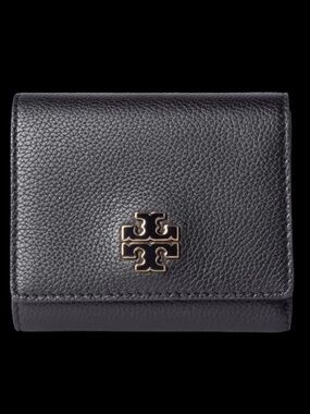Tory Burch Black Pebbled Leather Britten compartment wallet Gold Logo